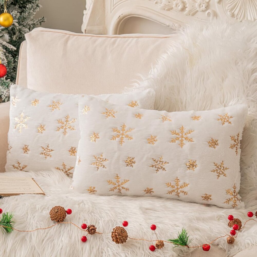 Pack of 2 Faux Fur Fuzzy Christmas Decorative Throw Pillows Covers Soft Plush wi